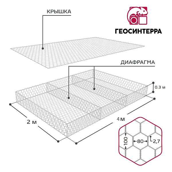 Габион типа Матрац Рено 4,0х2,0х0,3-С80-2,7Ц - Фото 1